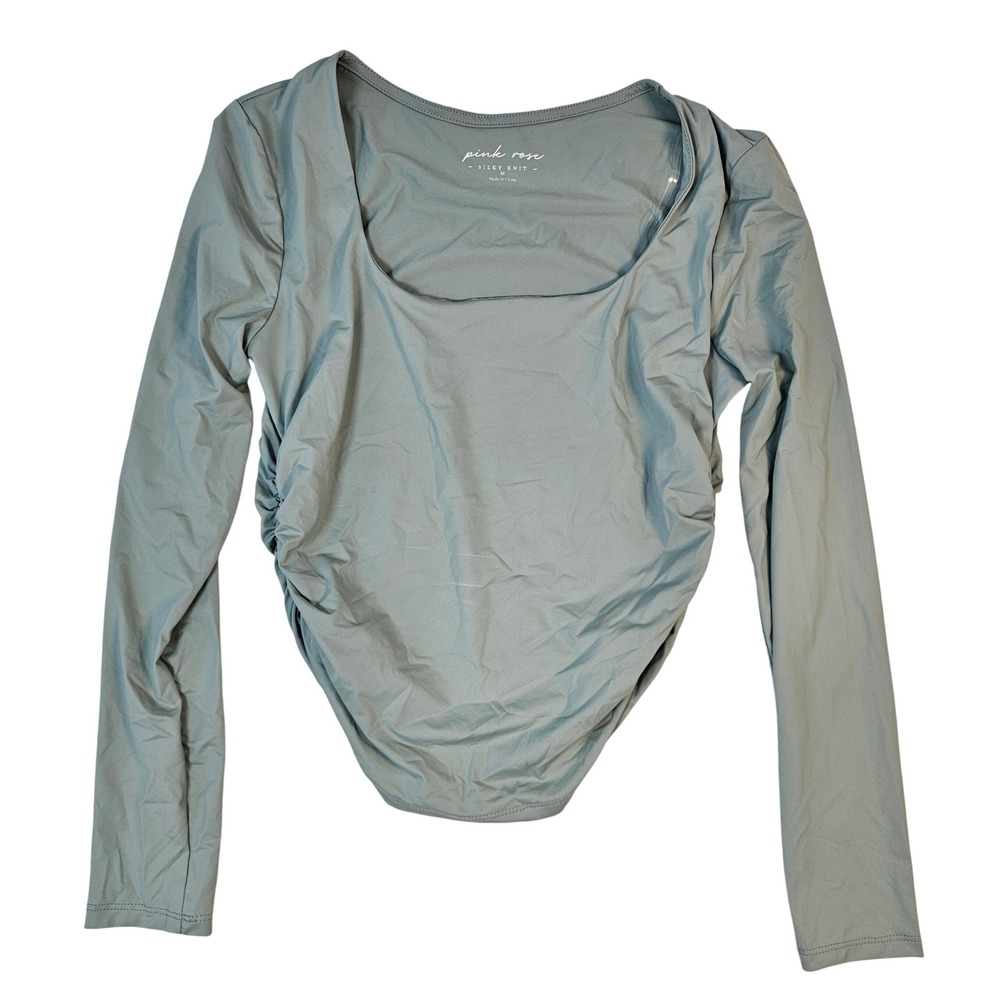 Pink Rose Silky Knit Long Sleeve Ruched Bodysuit Sage Green Square Neck Medium